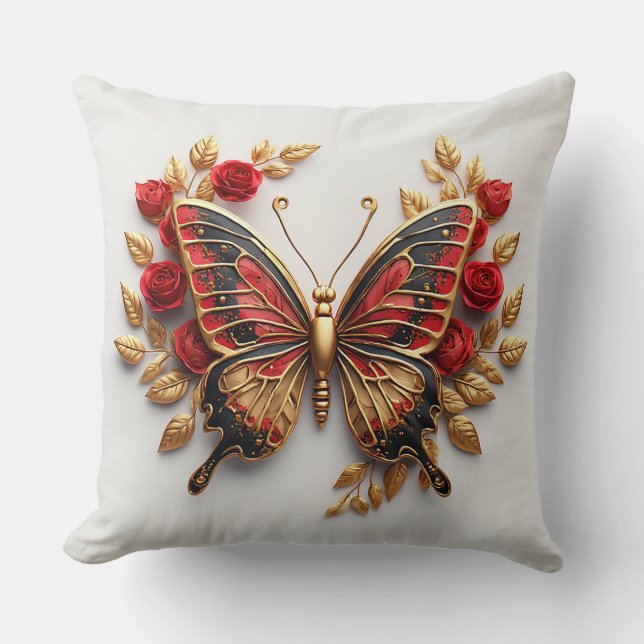 Coussin Papillon doré avec des roses rouges et des feuille (Recto)