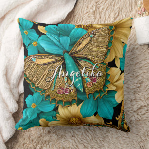 Coussin Papillon doré Fleurs de Teal Nom personnalisé