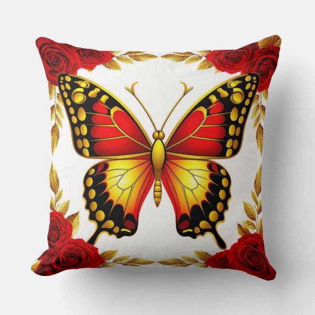 Coussin Papillon doré Roses rouges Luxe Style de maison (Recto)