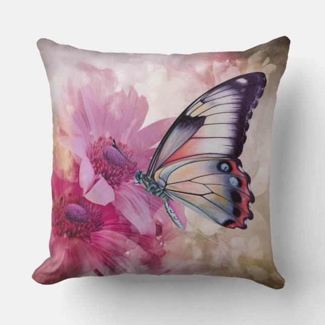 Coussin Papillon Dreamy aux fleurs roses (Recto)