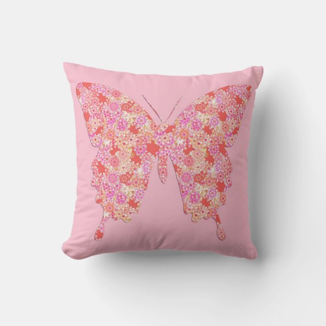 Coussin Papillon en motif de fleurs - rose, orange (Recto)