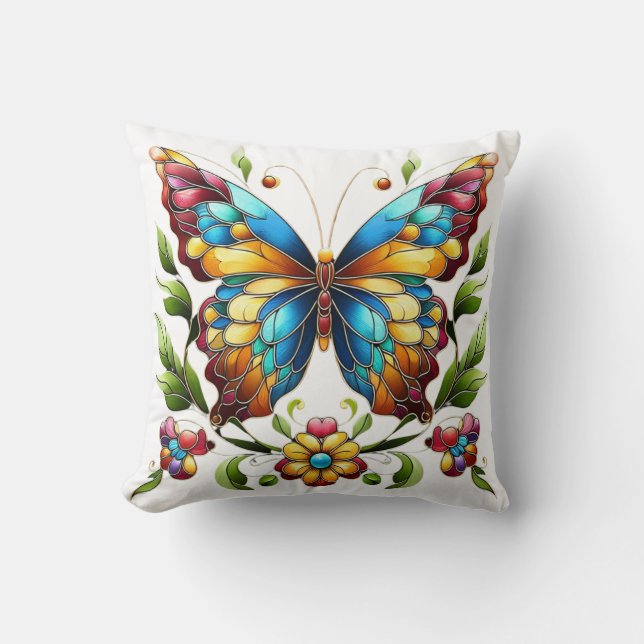 Coussin Papillon en vitrail coloré avec fleurs (Recto)