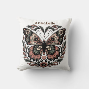 Coussin Papillon encadré Boho en Brown, Pêche et vert