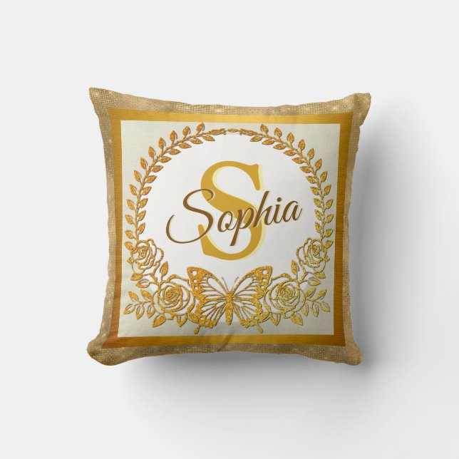 Coussin Papillon et fleur élégants à paillettes dorées (Recto)