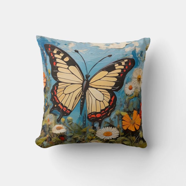 Coussin Papillon et fleurs en peinture printanière (Recto)