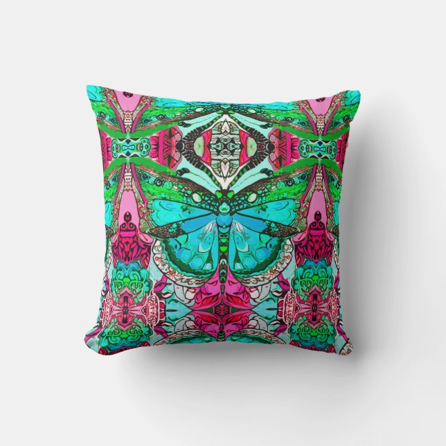 Coussin Papillon et Motif Batik de Médaillon en Turquoise (Recto)