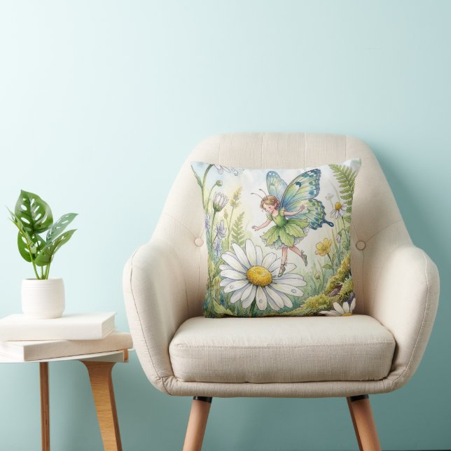 Coussin Papillon Fée Dans un Jardin de Pâquerettes (Chaise)