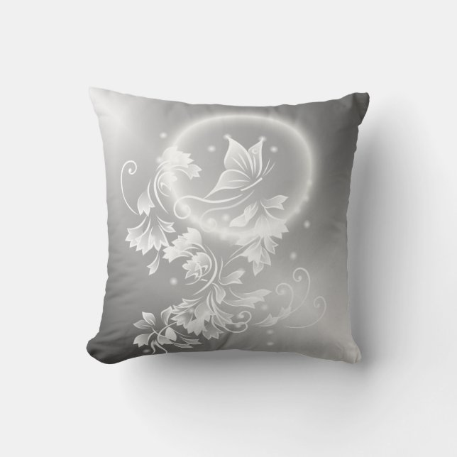 Coussin Papillon floral Argent Imaginaire blanc (Recto)