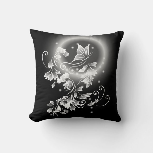 Coussin Papillon Floral Fantaisie Noir Et Blanc (Recto)