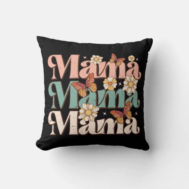 Coussin Papillon Floral Rétro Noir Typographie Mama (Recto)