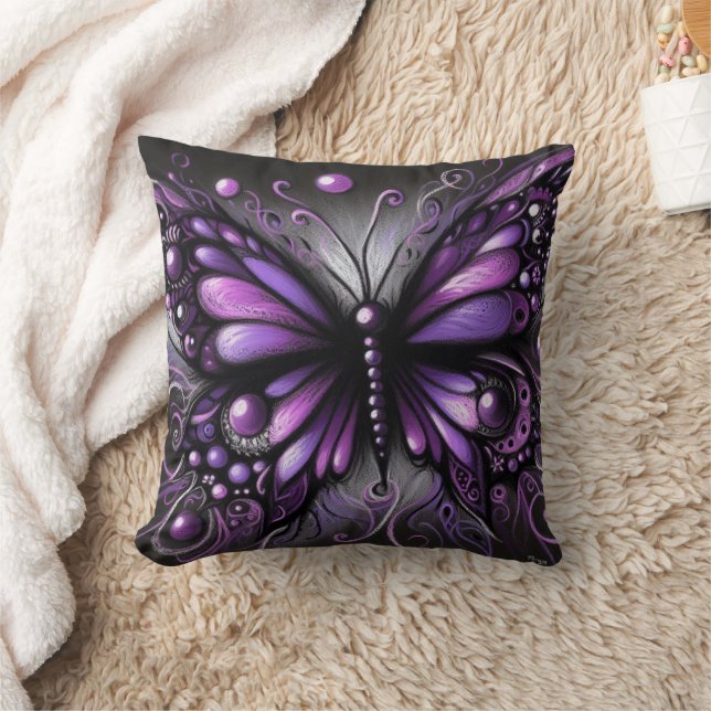 Coussin Papillon gothique fantaisiste violet noir coloré (Couverture)