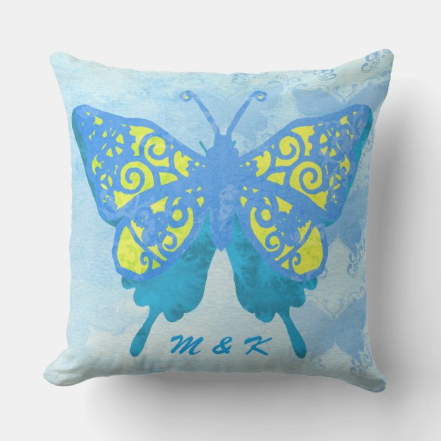 Coussin Papillon Handpaint vintage jaune bleu d'aquarelle (Recto)