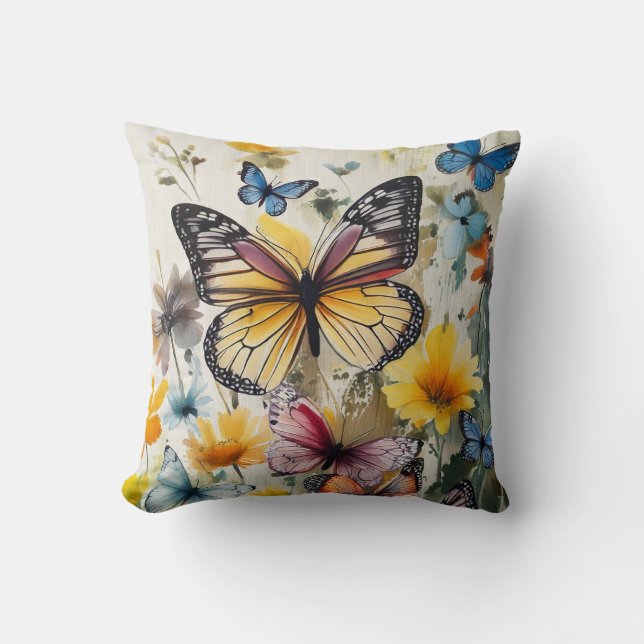 Coussin Papillon jaune et fleurs (Recto)