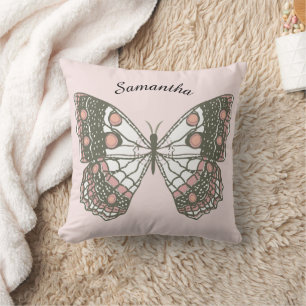 Coussin Papillon Mariposa & nom personnalisé sur rose doux