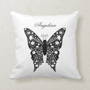 Coussin Papillon moderne noir et blanc avec nom