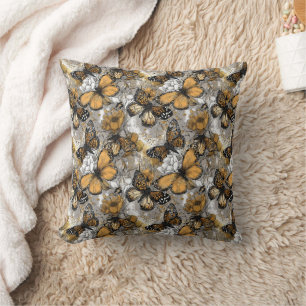 Coussin Papillon Monarch Floral Élégant Gris Blanc Or