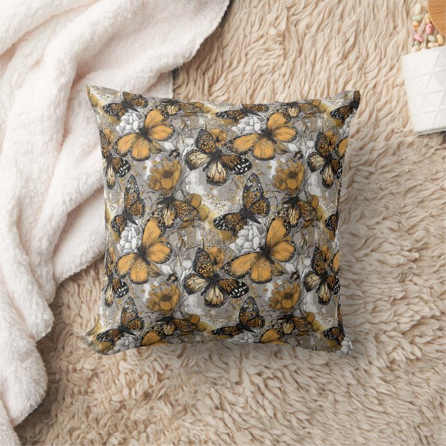Coussin Papillon Monarch Floral Élégant Gris Blanc Or (Couverture)
