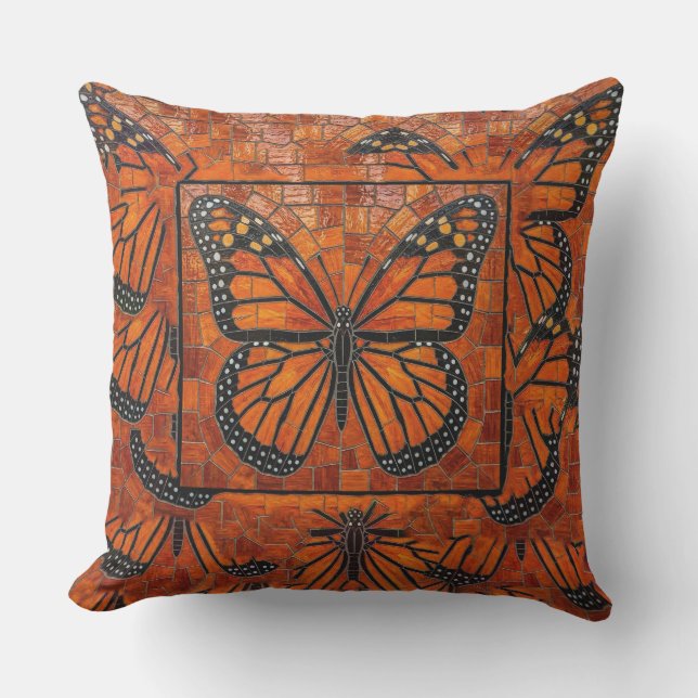 Coussin Papillon Monarch Mosaïque Rouge Orange Noir (Recto)