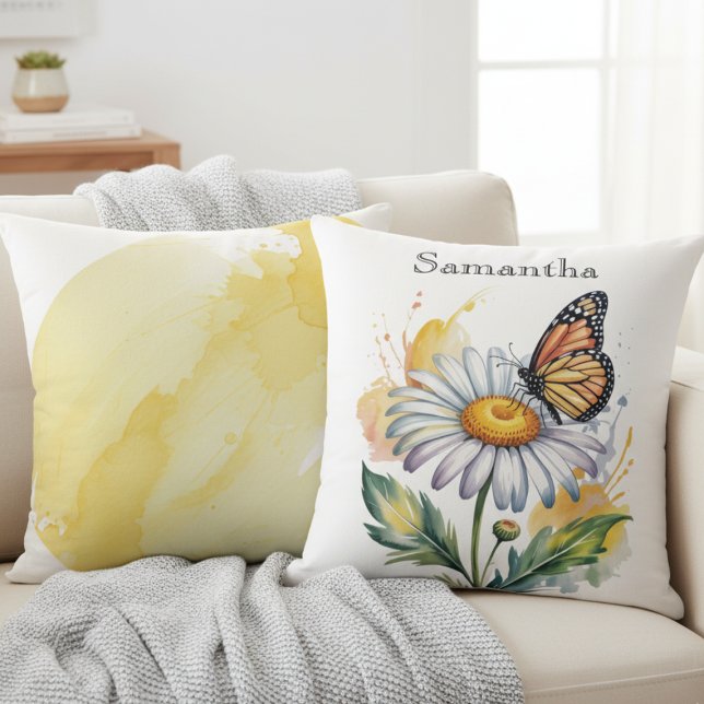 Coussin Papillon Monarque Daisy – Cadeau de Maison Ensolei (Monarch butterfly and daisy throw pillow)