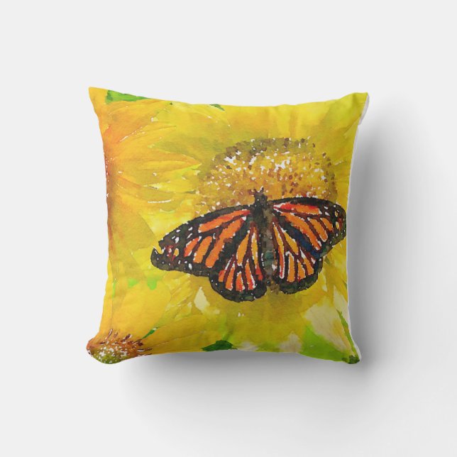 Coussin Papillon Monarque D'Aquarelle Sur Les Tournesols (Recto)
