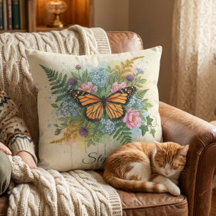 Coussin Papillon Monarque Floral Aquarelle