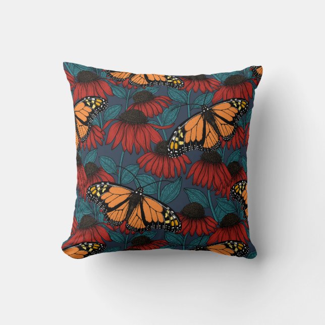 Coussin Papillon monarque sur des fleurs rouges (Recto)