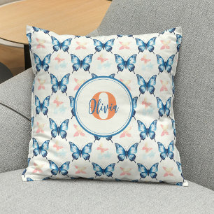 Coussin Papillon monogramme bleu de style aquarelle