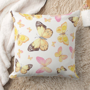 Coussin Papillon motif aquarelle jaune et rose