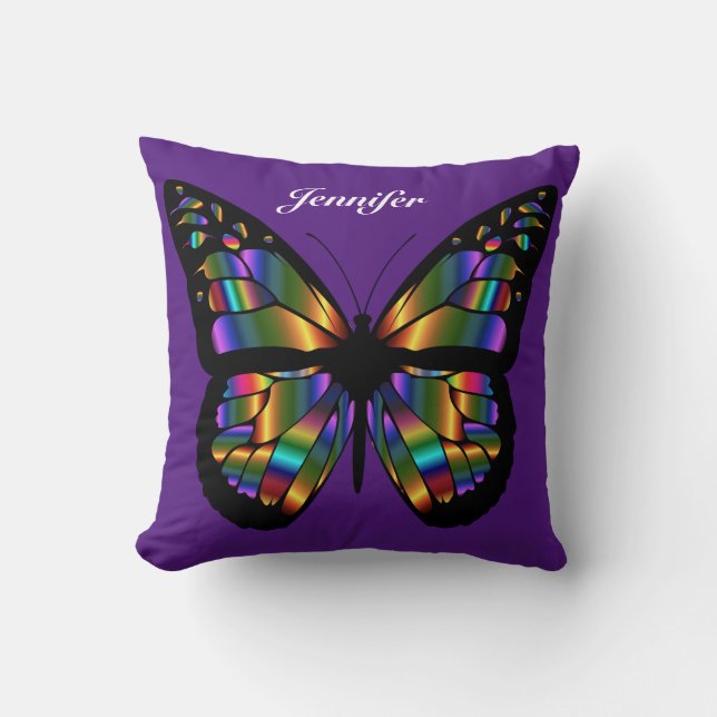 Coussin Papillon multicolore personnalisé sur le pourpre (Recto)