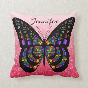 Coussin Papillon multicolore personnalisé sur le rose