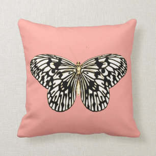 Coussin Papillon noir et blanc, arrière - plan rose corai