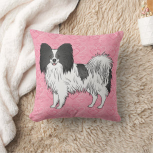 Coussin Papillon noir et blanc Chien mignon sur des coeurs