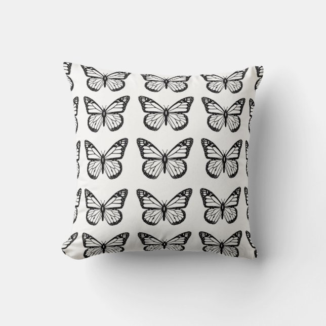 Coussin Papillon noir et blanc pochoir modèle (Recto)