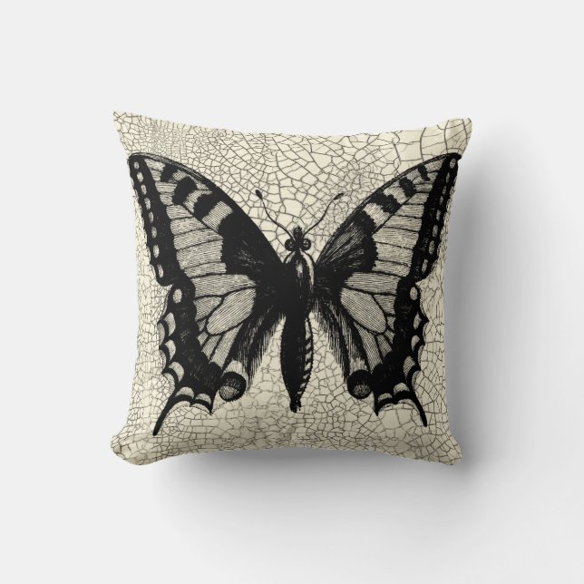 Coussin Papillon noir et blanc sur Arrière - plan fissuré (Recto)
