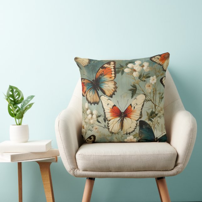 Coussin Papillon orange sarcelle antique sur fleur blanche (Chaise)