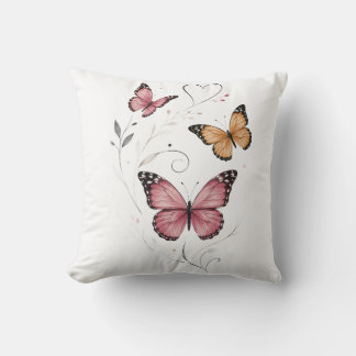 Coussin Papillon rose botanique à l'aquarelle