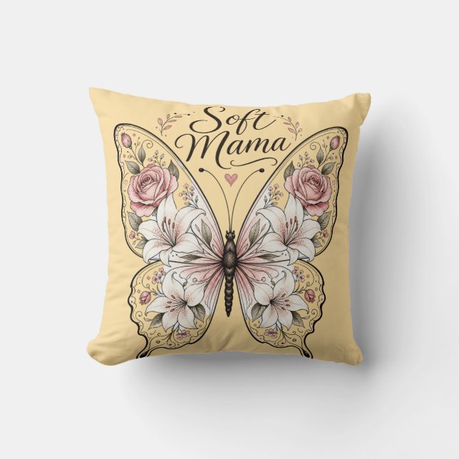 Coussin Papillon Rose et Lys Élégant "Maman Douce" Graphi (Recto)
