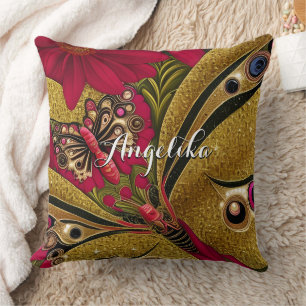 Coussin Papillon rouge et or de luxe Nom personnalisé