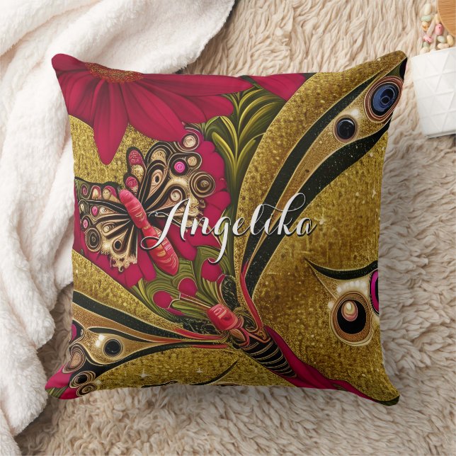 Coussin Papillon rouge et or de luxe Nom personnalisé (Couverture)