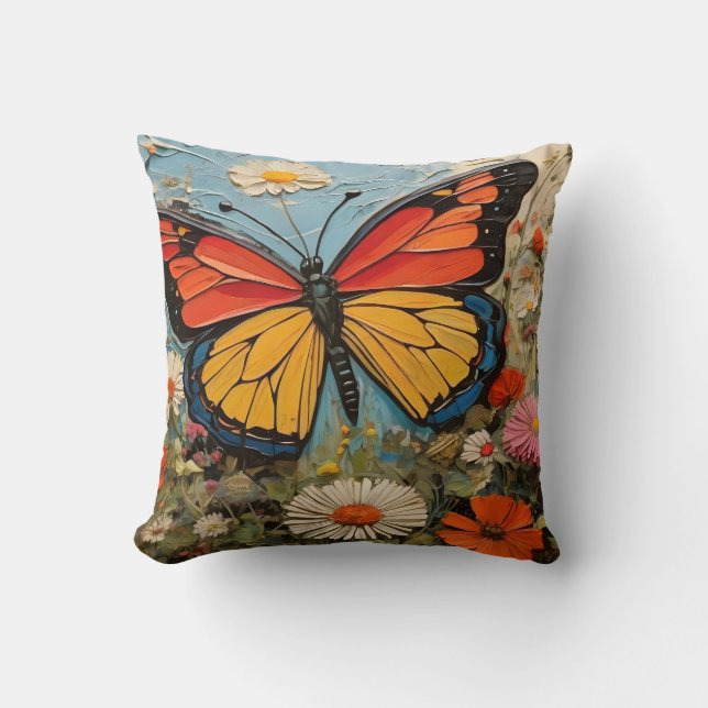 Coussin Papillon sur Fleur sauvage dans la peinture du pri (Recto)