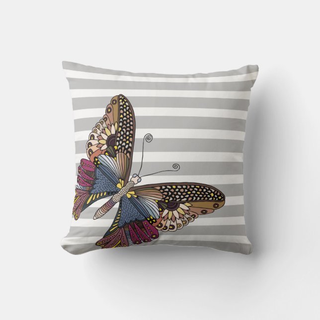Coussin Papillon sur Gris et Blancs (Recto)