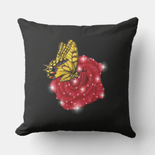 Coussin Papillon sur rose rouge avec étoiles et gouttes de
