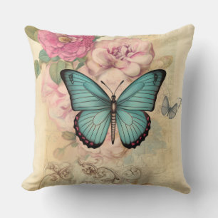 Coussin Papillon vintage et fleurs