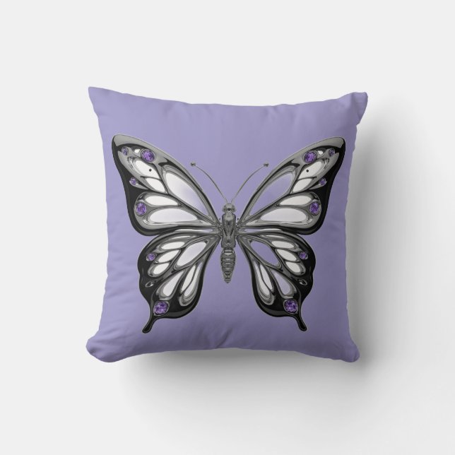 Coussin Papillon Violet Améthyste Chrome Liquide Futuriste (Recto)