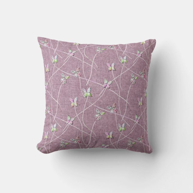 Coussin Papillons à l'aquarelle sur rose poudré (Recto)