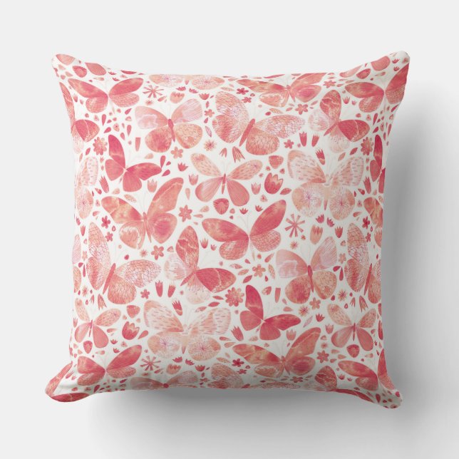 Coussin Papillons Aquarelle Corail rose (Recto)