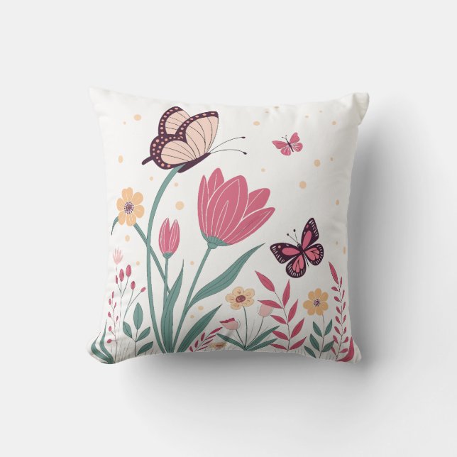 Coussin Papillons aux tulipes roses et marguerites jaunes (Recto)