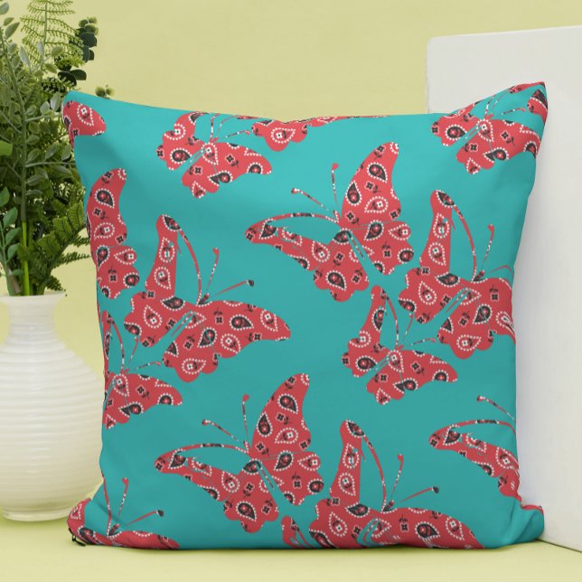 Coussin Papillons Bandana rouge et turquoise rétro (Créateur téléchargé)