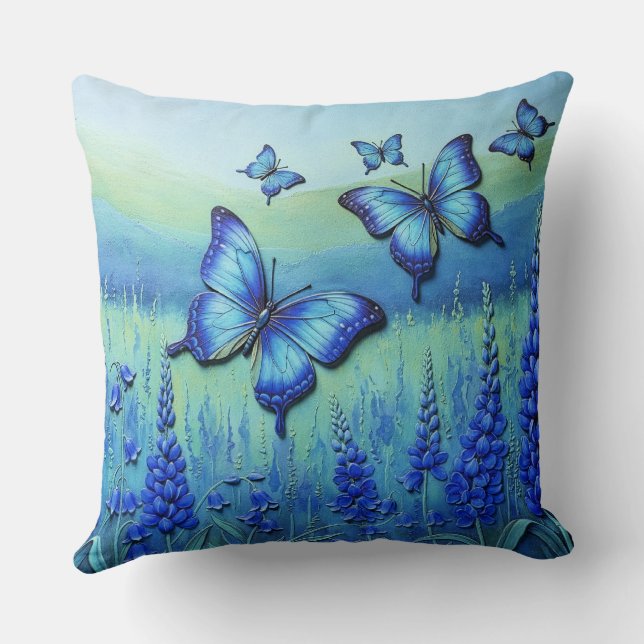Coussin Papillons Bleus avec des Fleurs Bleues, (Verso)