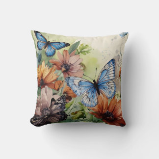 Coussin Papillons bleus et Fleurs sauvages